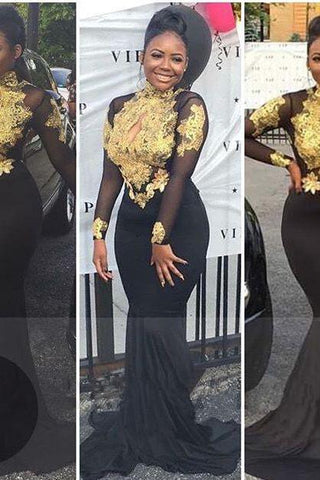 Chic High-Neck Long Sleeves Gold-Appliques Backless Prom Dresses