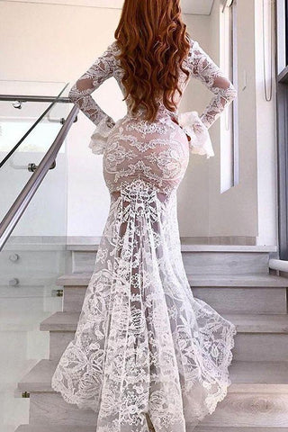 Chic Long Sleevess V-Neck Party Dresses Lace Evening Party Dress With Slit