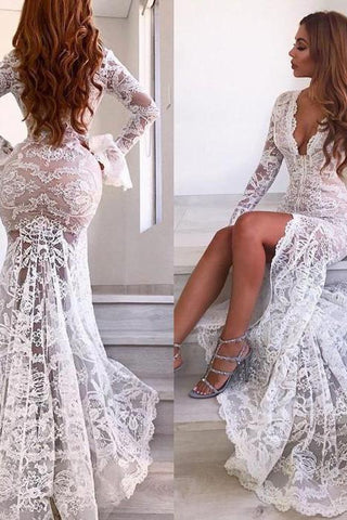 Chic Long Sleevess V-Neck Party Dresses Lace Evening Party Dress With Slit