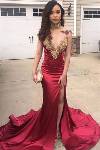 Chic Mermaid Appliques Sleeveless V-Neck Front Slipt Formal Dresses