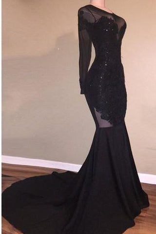 Chic Mermaid Black Long Sleeves Backless Appliques Formal Dresses