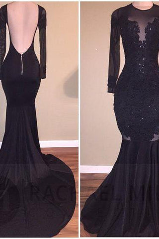 Chic Mermaid Black Long Sleeves Backless Appliques Formal Dresses
