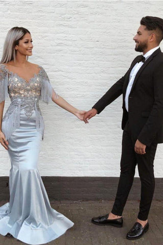 Chic Mermaid Sky Blue Evening Gowns V-Neck Prom Dresses with Tassels