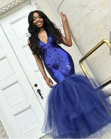 Chic Navy Blue Mermaid Sequins Prom Dresses Tulle Sleeveless V-Neck Evening Dresses