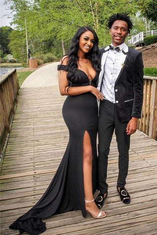 Chic Off-the-Shoulder Chic V-Neck Alluring Prom Dresses Chic Side Slipt Fit and Flare Formal Dresses