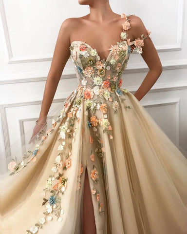 Chic One Shoulder Strap Tulle Sweetheart Front Slit Appliques Flowers Formal Dresses