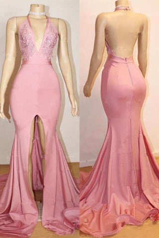 Schickes rosa Partykleid, rückenfreies Abendkleid aus Spitze mit Schlitz