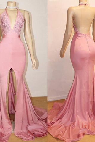 Schickes rosa Partykleid, rückenfreies Abendkleid aus Spitze mit Schlitz