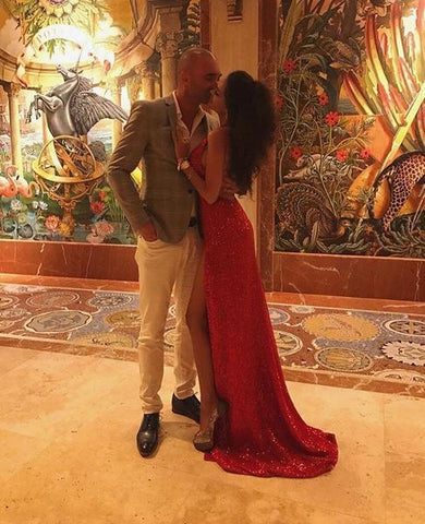 Chic Red Sequin Prom Dresses Halter Neck Backless High Slit Party Dresses