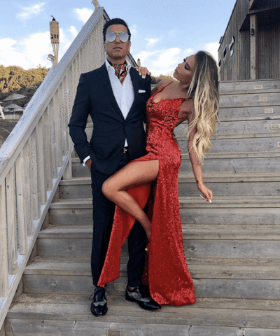 Chic Red Sequin Prom Dresses Halter Neck Backless High Slit Party Dresses