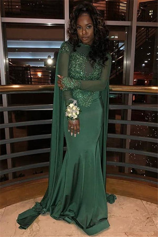 Chic Round Neck Long Sleeves Appliques Mermaid Formal Dresses