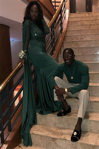 Chic Round Neck Long Sleeves Appliques Mermaid Formal Dresses