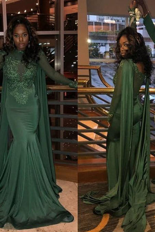 Chic Round Neck Long Sleeves Appliques Mermaid Formal Dresses