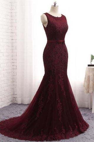 Chic Scoop Sleeveless Tulle Mermaid Appliques Sequins Zipper Prom Dresses