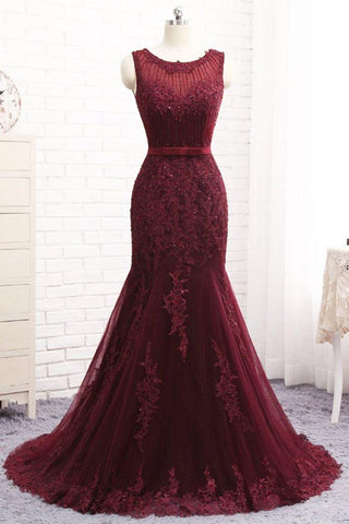 Chic Scoop Sleeveless Tulle Mermaid Appliques Sequins Zipper Prom Dresses
