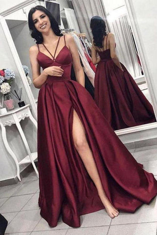Chic Sleeveless Front Split Prom Gown Burgundy Evening Gowns Spaghetti-Straps A-Line Evening Party Gowns