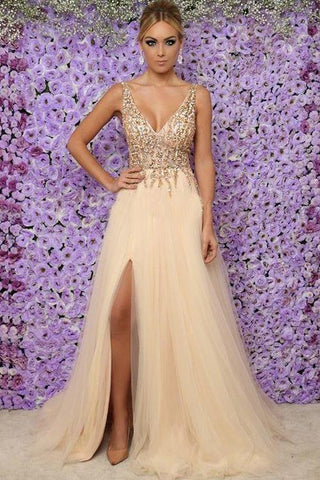Chic Sleeveless V-Neck Long Evening Dresses Tulle Crystals Split Formal Dresses