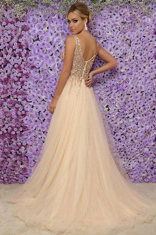 Chic Sleeveless V-Neck Long Evening Dresses Tulle Crystals Split Formal Dresses