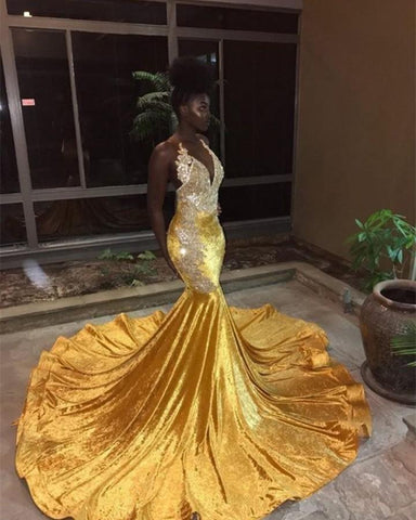 Chic Sleeveless V-Neck Mermaid Appliques Yellow Formal Dresses