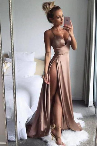Chic Spaghetti-Straps Split Long Prom DressesWomen's Party Gowns