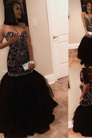 Chic Sweetheart Beads Prom Dresses Mermaid Black Sequins Evening Gown