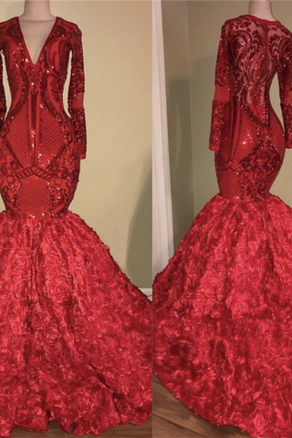 Chic V-Neck Gorgeous Appliques Fit and Flare Floral Party Dresses Chic Long Sleevess Luxurious Scarlet Dress for Prom