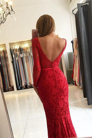 Chic V-Neck Open Back Scarlet Lace Evening Dresses Chic Long Sleevess Fit and Flare  Prom Dresses