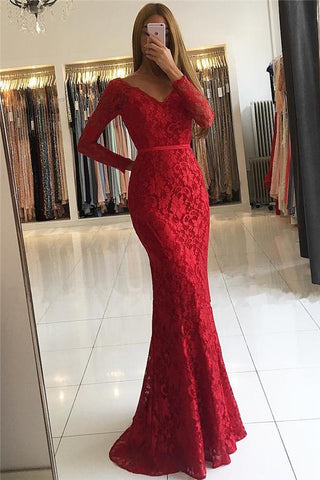 Chic V-Neck Open Back Scarlet Lace Evening Dresses Chic Long Sleevess Fit and Flare  Prom Dresses