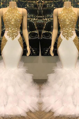 Chic White And Gold Mermaid Prom Dress Sequins High Collar Chiffon Long