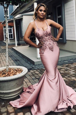 Chicable Spaghetti-Strapss Appliques Chic Mermaid Prom Dresses Trendy Crossed Shoulder strap Long Evening Dresses