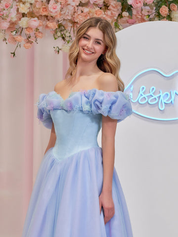 Cinderella Blue Tulle Off the Shoulder With Crystals & Butterflies Ball Gown