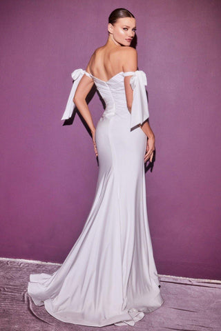 Long high-slit off-shoulder, backless satin fashion wedding dress