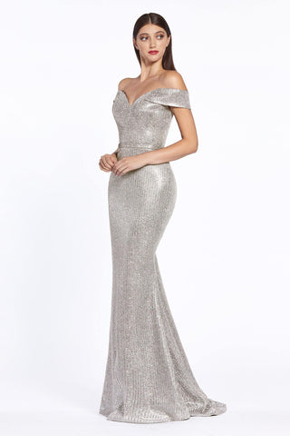 Long Formal Off Shoulder Metallic Prom Dress