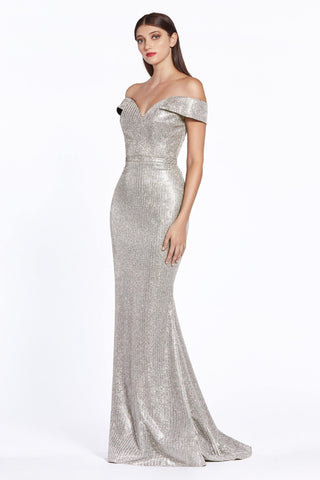 Long Formal Off Shoulder Metallic Prom Dress
