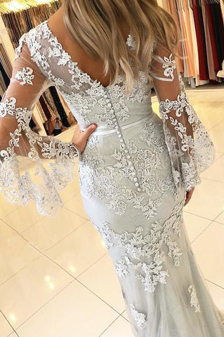 Classic V-Neck Bell Sleeves Prom Dresses Lace Appliques Mermaid Evening Dresses