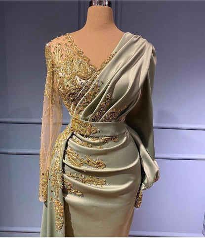 Classic V-Neck Mermaid Ball Dresses Long Prom Dress With Appliques Long Sleeves