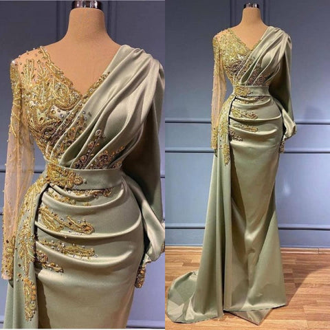 Classic V-Neck Mermaid Ball Dresses Long Prom Dress With Appliques Long Sleeves