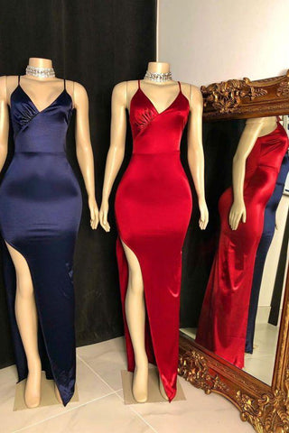 Classic V-Neck Spaghetti Front Slit Satin Mermaid Prom Dresses