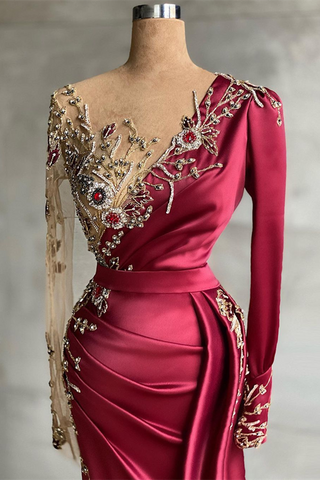 Classy Burgundy Long Sleeves Prom Dresses Mermaid With Beadings