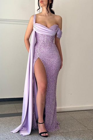 Elegantes, langes, glitzerndes, schulterfreies Meerjungfrauen-Abendkleid mit langem Schlitz in Lila online