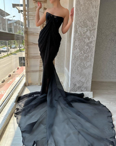 Classy Long Black Strapless Front Split Long Evening Party Gowns