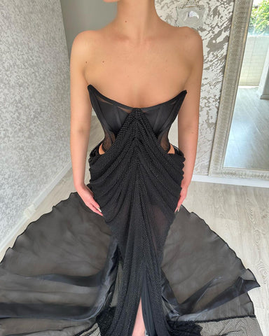Classy Long Black Strapless Front Split Long Evening Party Gowns