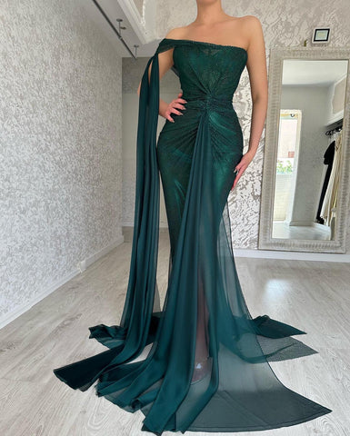 Classy Long Dark Green Mermaid Sleeveless Evening Party Gowns Long Slit Online