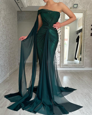 Classy Long Dark Green Mermaid Sleeveless Evening Party Gowns Long Slit Online