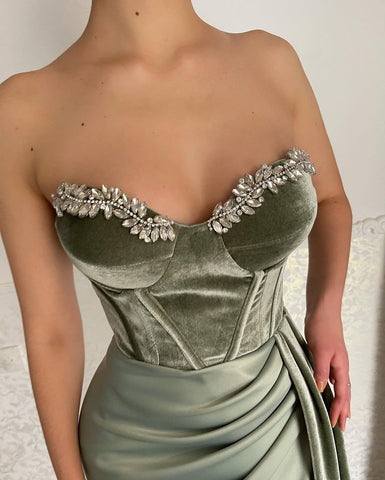 Classy Long Green Strapless Velvet Evening Party Gowns Long Slit Online
