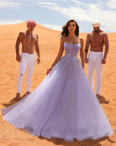 Classy Long Lilac Sleeveless Crystals Tulle Evening Party Gowns