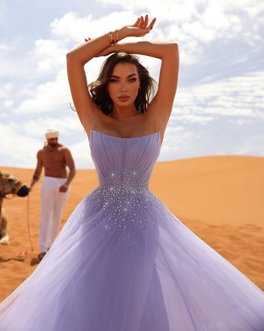 Classy Long Lilac Sleeveless Crystals Tulle Evening Party Gowns