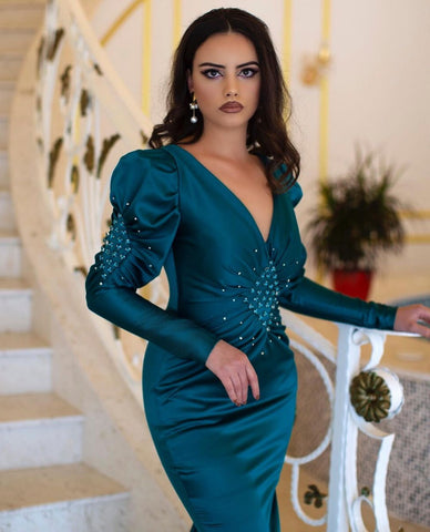 Classy Long Mermaid V-neck Beading Evening Party Gowns With Long Sleeves