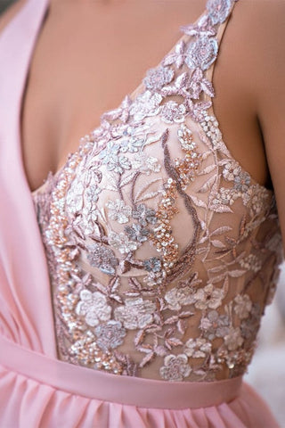 Classy Long Pink V-Neck Glitter Sleeveless Evening Party Gowns Long Slit Online