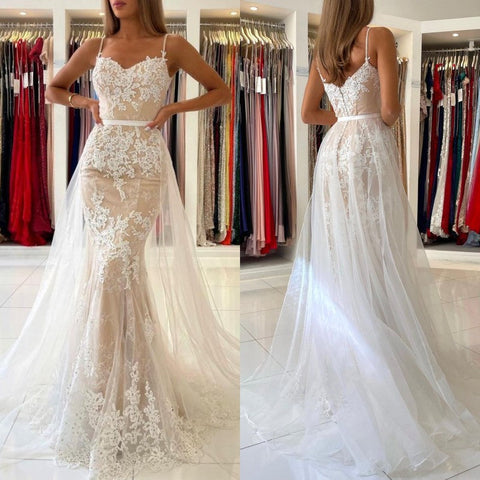 Classy Mermaid Prom Dress Lace Appliques Spaghetti-Straps